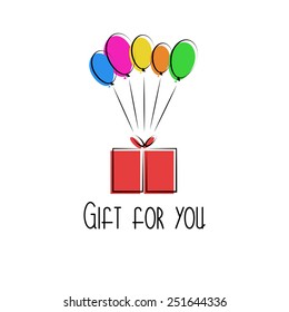 Happy Birthday greeting card mockup, colorful balloon, gift box, poster template  for kids party and celebration background