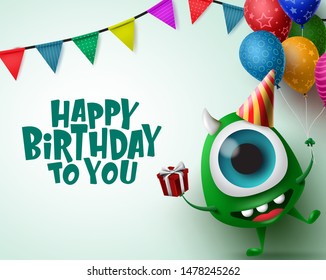 Happy birthday greeting card with monster character vector background template. Happy birthday text in empty space for messages with scary monster and party elements like balloons, and hat.