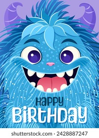 Happy Birthday greeting card or Monster party invitation. Festive postcard featuring a fluffy cartoon monster. Vector design with a cute creature for your celebration event. Layered template.