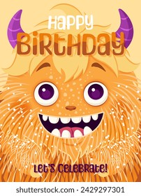 Happy Birthday greeting card or Monster party invitation. Festive postcard featuring a fluffy cartoon monster. Vector design with a cute creature for your celebration event. Layered template.