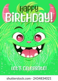 Happy Birthday greeting card or Monster party invitation. Festive postcard featuring a fluffy cartoon monster. Vector design with a cute creature for your celebration event. Layered template.