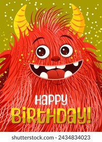 Happy Birthday greeting card or Monster party invitation. Festive postcard featuring a fluffy cartoon monster. Vector design with a cute creature for your celebration event. Layered template.