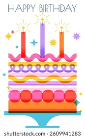 Happy Birthday greeting card with multi layers rainbow cake. Vector flat geometric illustration isolated on white background. Holiday party invitation, banner, poster, print design element