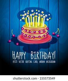 Happy Birthday Greeting Card. Natural wooden background with decorative cake. Vector illustration 