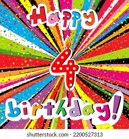 Happy Birthday greeting card with number 4 candle and confetti on a colorful sunburst background