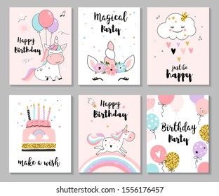 Carteles de felicitación de cumpleaños y carteles de guardería con adorables unicornios. Ilustración vectorial, estilo dibujado a mano.