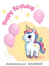 Feliz aniversário cartão de felicitações, cartaz de jardim de infância com unicórnio bonito. Desenhado à mão ilustração vetorial de crianças na moda em cores vibrantes.