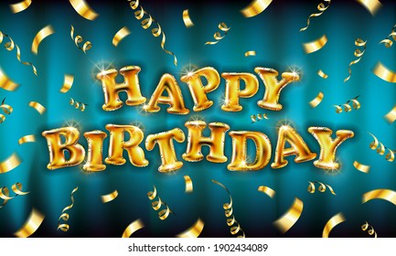 Happy Birthday Greeting Card On Background vector Illustration. design for greeting cards and poster with balloon and confetti. fly on ribbons with confetti on blue wall. Vector illustration