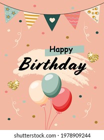 Happy Birthday greeting card on pink background with balloons and glitter. vector