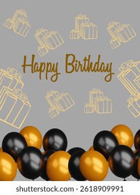 Happy birthday greeting card on gold background. ( original illustration, not AI-generated ).