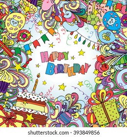 Happy Birthday greeting card on white background. Vector birthday. Birthday illustration. Birthday cake. Birthday element. Birthday decoration. Cartoon birthday. Cute birthday. Doodle happy birthday.