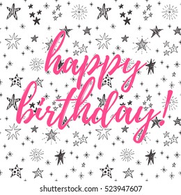 Happy birthday greeting card on a doodle stars background