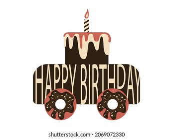 Happy Birthday Greeting Card With Original Conceptual Design And Chocolate Colour. Cake With Candle, Donuts And Letters In Car Shape. Invitation Card For Party