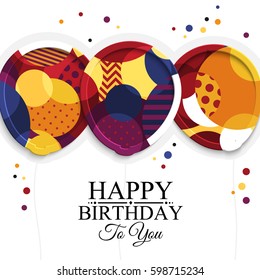 Happy birthday greeting card. Paper balloons with colorful textures. Drops color on background. Vector illustration.