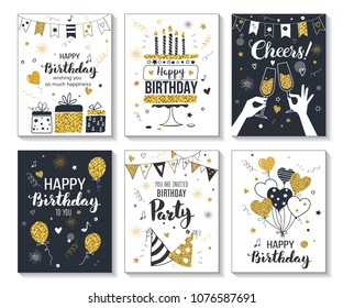 Happy birthday greeting card and party invitation templates, vector illustration, hand drawn style, black and gold colors