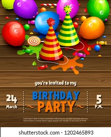 Happy birthday greeting card. Party balloons, hat, paint splashes, candy, lollipop and stylish lettering. Vector.