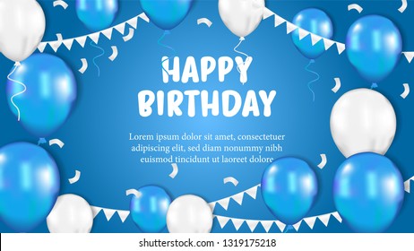 Happy birthday greeting card party invitation with realistic 3D flying helium blue,white balloon with blue background