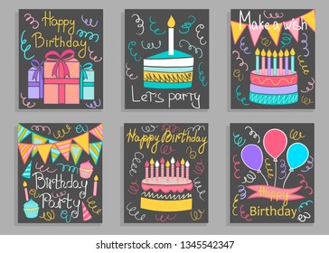 Happy birthday greeting card and party invitation templates, vector illustration, hand drawn style