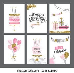 Happy birthday greeting card and party invitation templates with gold glitter. Women birthday vector illustration, hand drawn style.