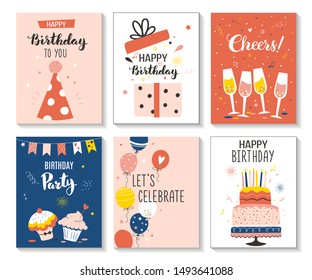 Happy birthday greeting card and party invitation set, vector illustration, hand drawn style.