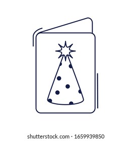 happy birthday, greeting card party hat decoration celebration vector illustration line style icon
