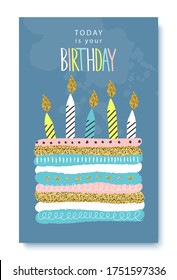 Happy birthday greeting card and party invitation template, hand drawn style.Vector illustration.