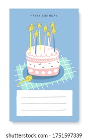 Happy birthday greeting card and party invitation template, hand drawn style.Vector illustration.