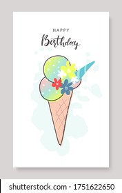 Happy birthday greeting card and party invitation template, hand drawn style.Vector illustration.