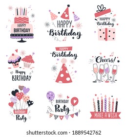 Happy birthday greeting card and party invitation set, vector illustration, hand drawn style