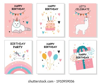 Happy birthday greeting card and party invitation set, vector illustration.Vector illustration, hand drawn style.