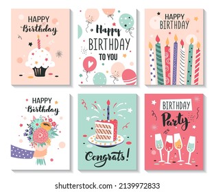 Happy birthday greeting card   party invitation templates  Hand drawn vector illustration 