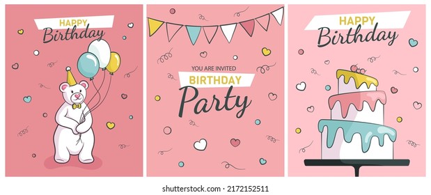 Happy birthday greeting card and party invitation template. Celebration vector illustrations with bear and birthday cake. Vector illustration.