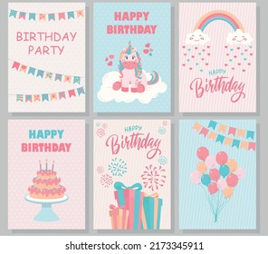 Happy birthday greeting card and party invitation set. Colored vector illustration.