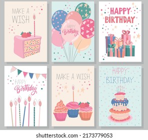 Happy birthday greeting card and party invitation set. Colored vector illustration.