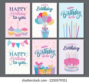 Happy birthday greeting card and party invitation set. Colored vector illustration.