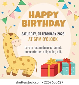 Happy birthday greeting card and party invitation template, vector illustration, cartoon style