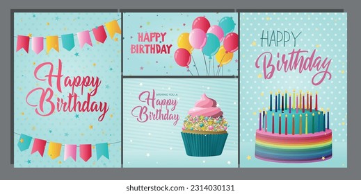 Feliz cumpleaños, tarjeta de felicitación y juego de invitaciones para fiestas. Ilustración vectorial coloreada.