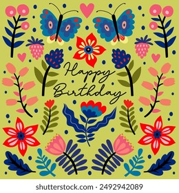 Happy birthday greeting card and party invitation. Colored vector illustration.