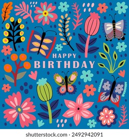 Happy birthday greeting card and party invitation. Colored vector illustration.