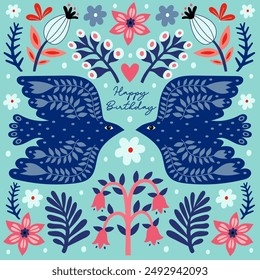 Happy birthday greeting card and party invitation. Colored vector illustration.