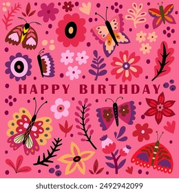 Happy birthday greeting card and party invitation. Colored vector illustration.