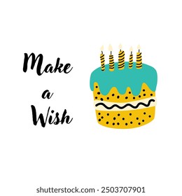 Happy birthday greeting card and party invitation templates with yellow and blue colors. Cute doodle birthday vector illustration, hand drawn style.