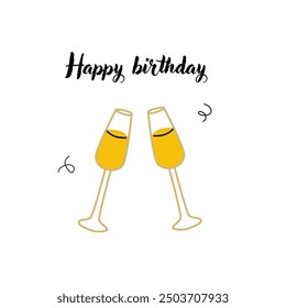 Happy birthday greeting card and party invitation templates with yellow and blue colors. Cute doodle birthday vector illustration, hand drawn style.