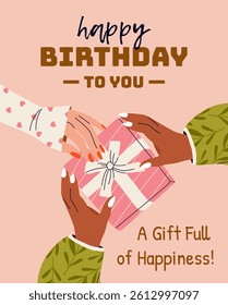 Happy Birthday greeting card or party invitation. Vertical template for celebration event. Female hands holding gift box with bow. Festive simple postcard in flat style. Celebration concept. Vector