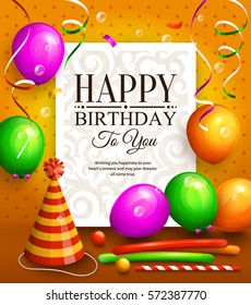 Happy birthday greeting card. Party multicolored balloons, hat, colorful streamers and stylish lettering on dotted background. Vector.