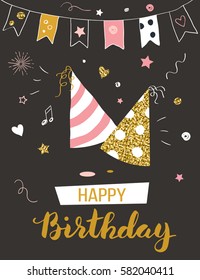 Happy birthday greeting card with party hats, invitation template, vector illustration