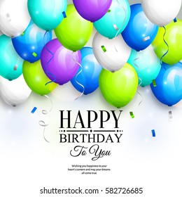 Happy birthday greeting card. Party colorful balloons, streamers, confetti and stylish lettering. Vector.