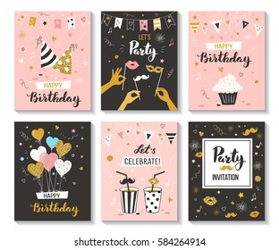 Happy Birthday Greeting Card And Party Invitation Collection, Vector Illustration, Hand Drawn Style