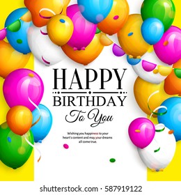 Happy birthday greeting card. Party colorful balloons, streamers, confetti and stylish lettering on dotted background. Vector.