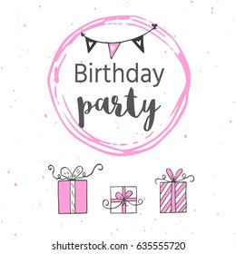 Happy Birthday greeting card and party invitation templates, black and pink colors. Hand drawn elements for perfect  girls design. 